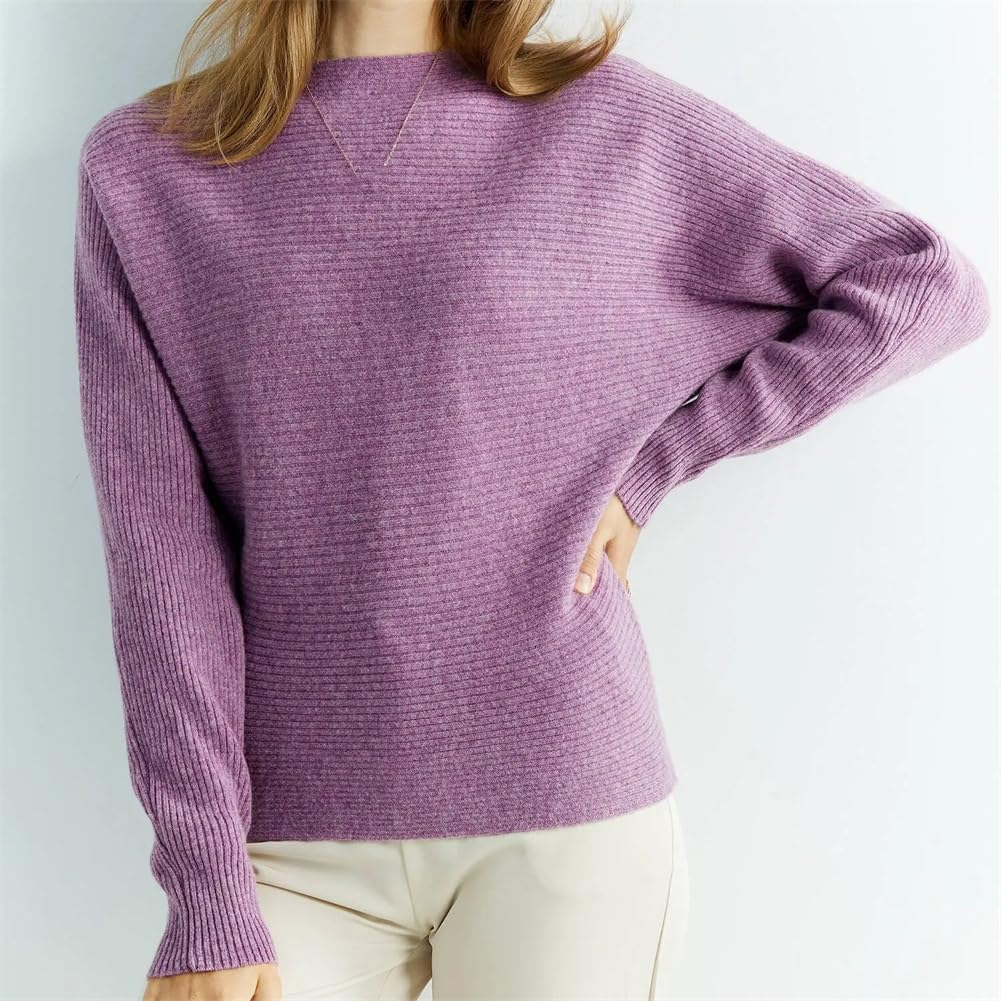 Maglione da donna in 100% lana merino, girocollo, maniche a pipistrello, tinta unita, maglione di base