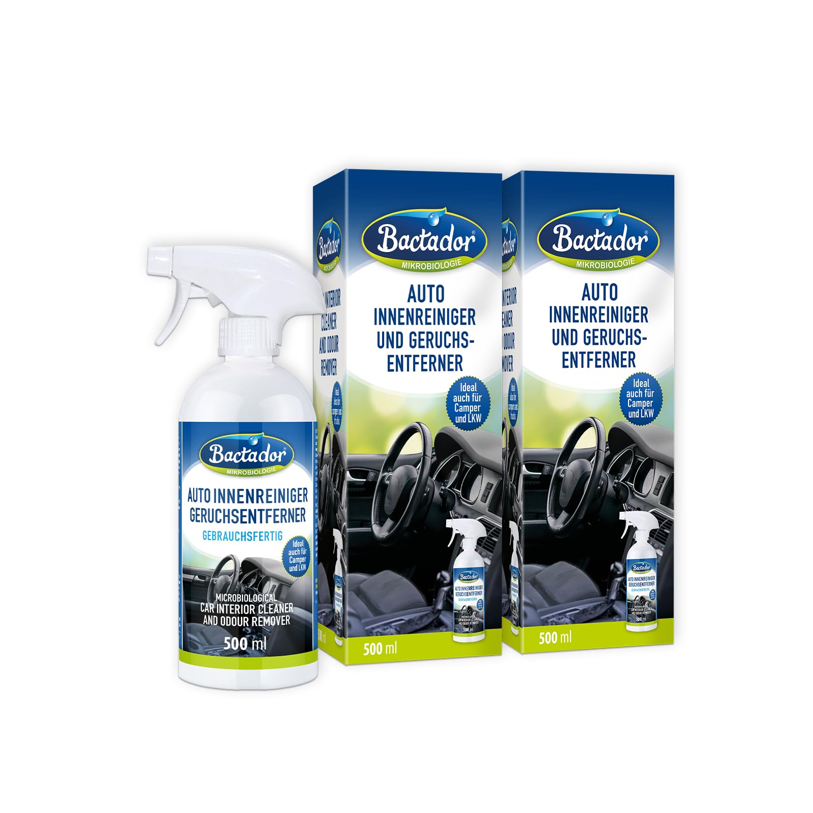 Bactador Auto Innenraum Reiniger Spray 2 x 500 ml - Geruchsentferner - Cockpitpflege - Mikrobiologischer Innenraumreiniger - Cockpit Reiniger - Polsterreinger Auto - Enzymreiniger