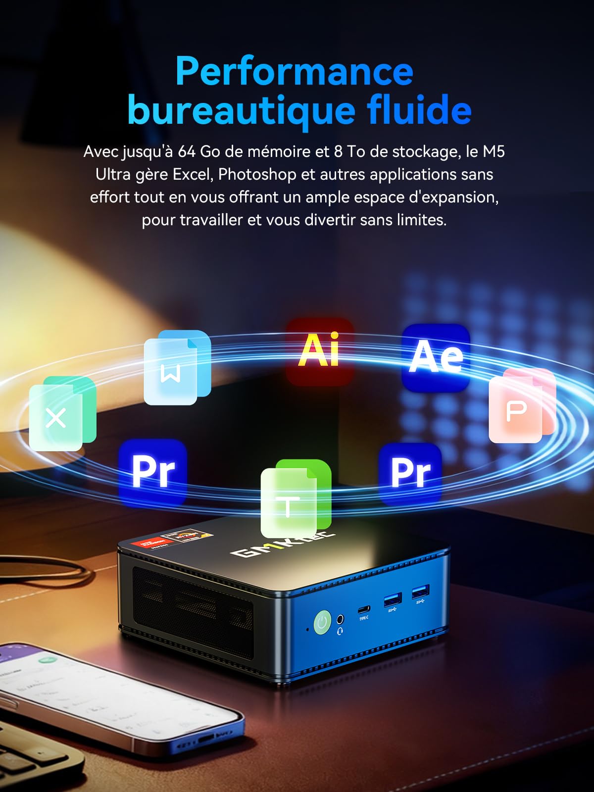 GMKtec M5 Ultra Mini PC Ryzen 7 7730U(8C/16T, jusqu'à 4,5 GHz), 16 Go RAM 1To SSD Mini Ordinateur de Bureau, Double LAN 2.5GbE, Affichage Triple 4K, WiFi 6E, USB-C, BT 5.2, DP, HDMI 2.0