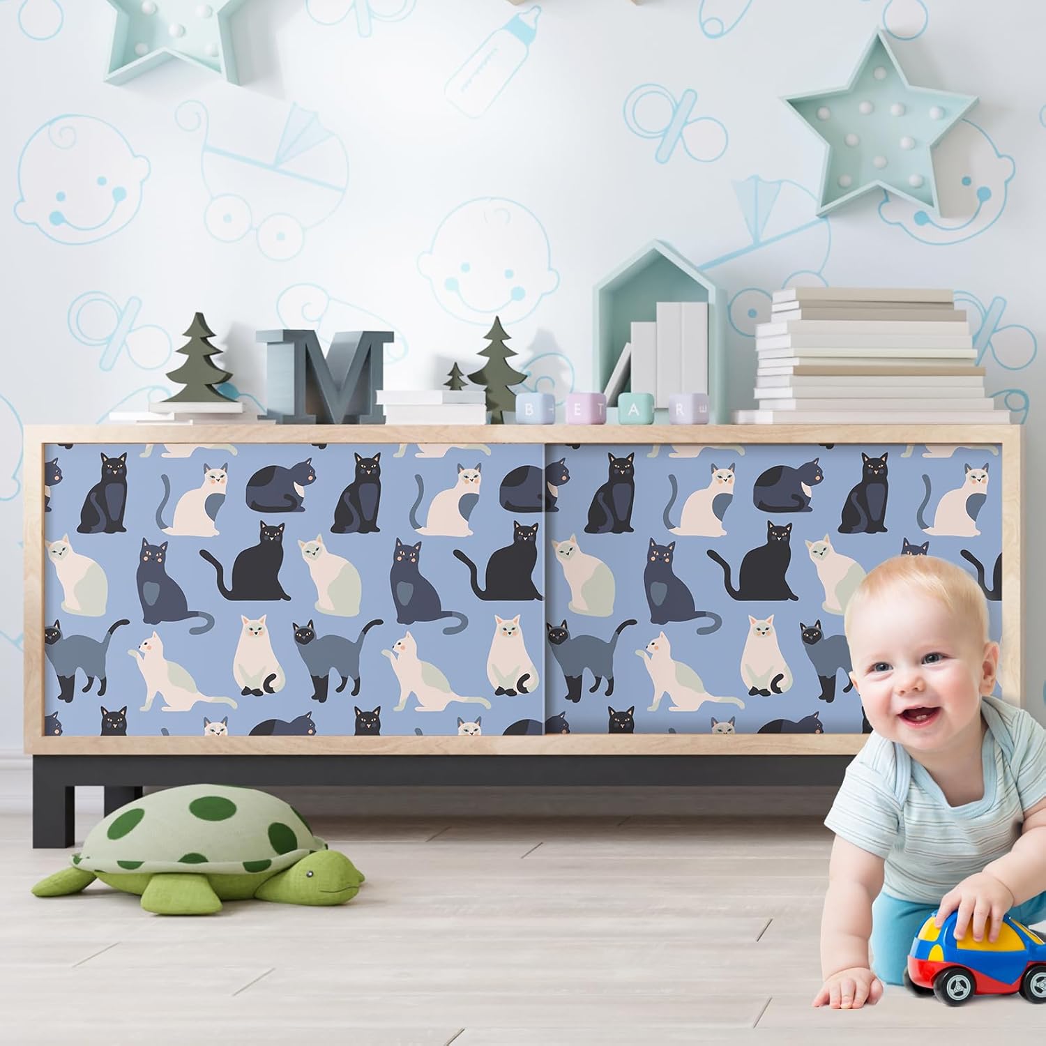 CRE8TIVE Cat Wallpaper Stick and Peel Blue Contact Paper for Cabinets 12"x118" Animal Nursery Wallpaper Cute Kitten Self Adhesive Removable Stick on Wall Paper for Girls Bedroom Kids Room Wall Murals