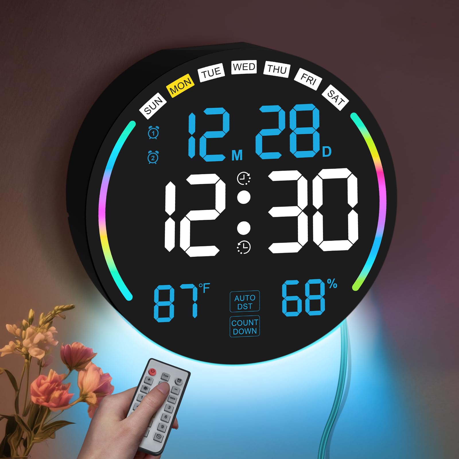 Horloge Murale numérique 26 cm LED Grand écran, Horloge Murale numérique avec 10 Couleurs RVB, Doubles alarmes, 10 Niveaux de luminosité, Voiture DST, minuterie pour Compte à rebours/Jour pour