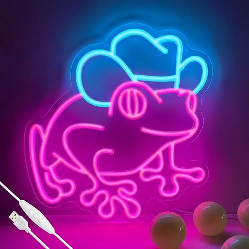 Cowboy Frog Neon Sign for Wall Decor Frog with Cowboy Hat Led Neon Light for Kids Room Man Cave Bar Store Home Party Art Decor Gifts, Ice Blue & Pink, Dimmable & USB Powered, 12.6" x 13.5" - Cowboy Frog