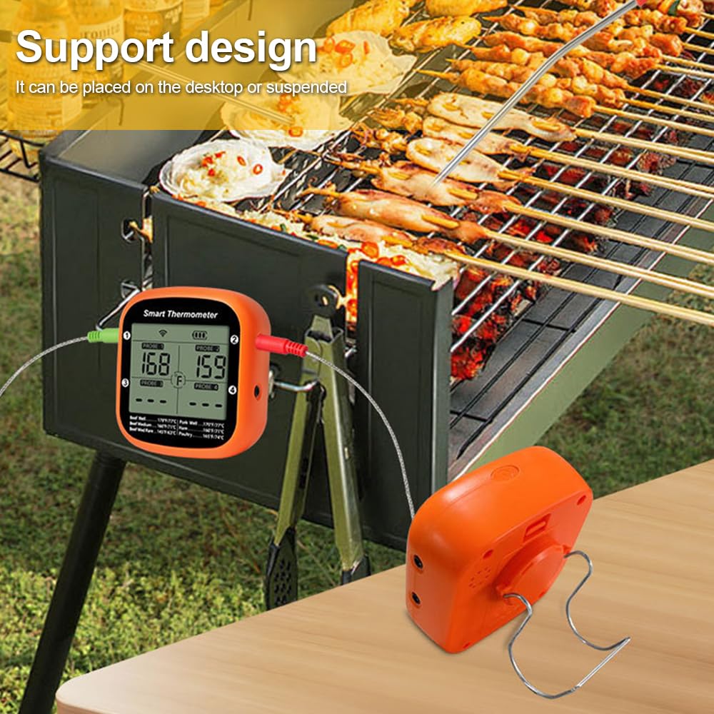 Luocute Termómetro Inteligente para Carne, Inalámbrico Digital con 2 o 4 Sondas, Control de Aplicación para Cocinar, Pantalla LCD Grande, Alarma de Temperatura, para Barbacoa, Parrilla, (4 sondas)