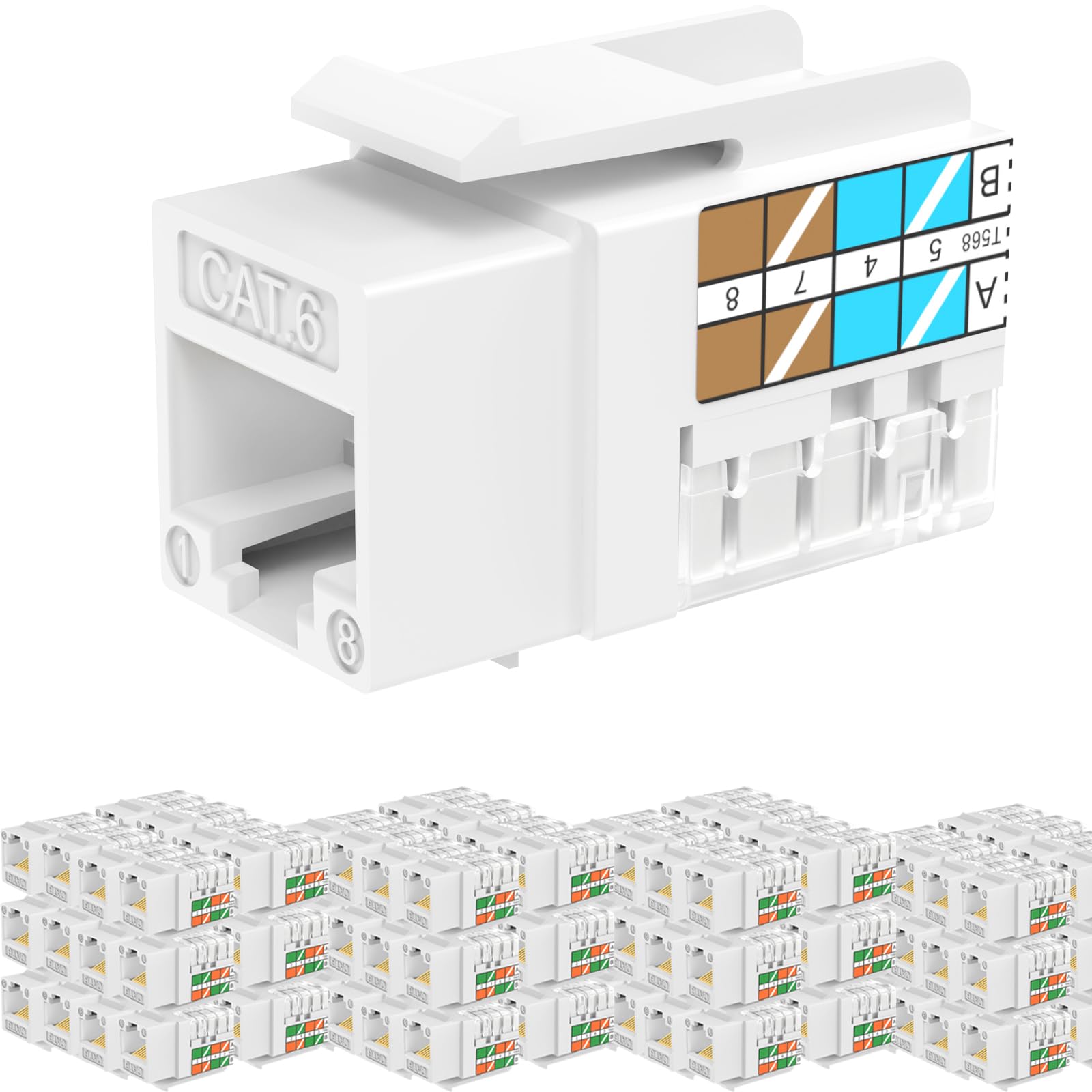 Rapink Conector Keystone RJ45 Cat6 10G, conectores Keystone UTP, paquete de 100 para placa de pared y panel de conexión, Rj45 Keystone 90 grados color blanco para cableado Cat6, Cat5e, Cat5