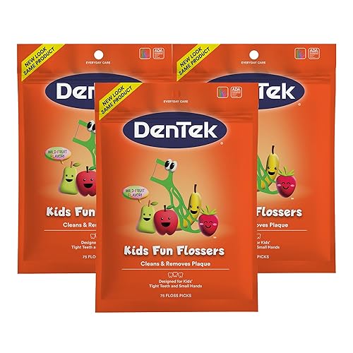 DenTek Hilo dental divertido para niños, elimina alimentos y placa, 75 unidades, paquete de 3