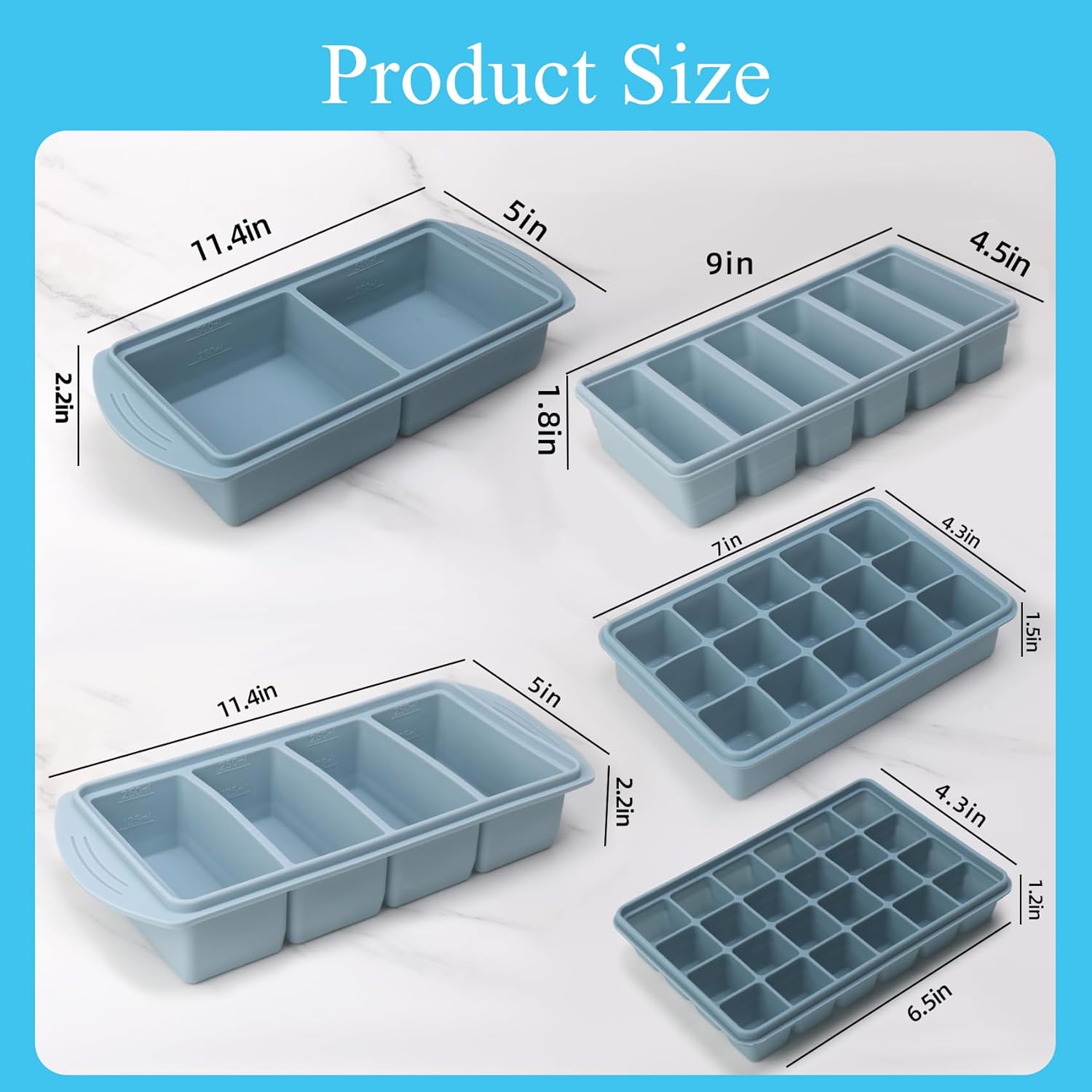 Silicone Freezer Molds Gift Set with 1 Tbsp,2 Tbsp, 1/2, 1, and 2 Cup Silicone Freezer Trays With Lids - Meal Prep and Kitchen Essentials Bundle - (Blue 10 Pack)