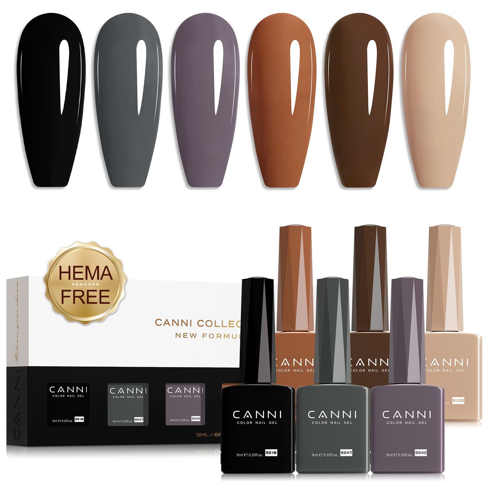 CANNI Gel Nail Polish Set – 6 Colors (Black, Brown, Nude, Grey, Khaki), 9ML Soak Off UV LED Nail Gel, Winter Neutral Shades for DIY Manicure & Salon