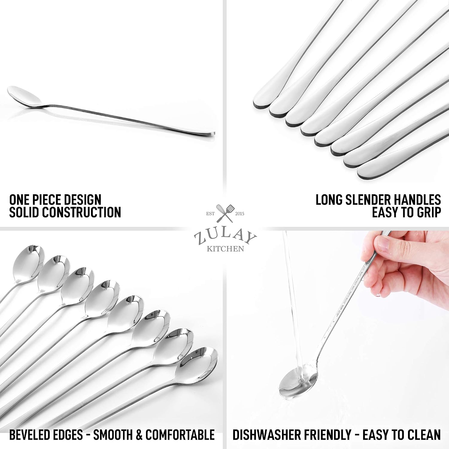 Zulay 8-Piece 9-Inch Iced Tea Spoons With Long Handles - Stainless Steel Ice Cream Spoon, Coffee Spoon, Dessert Spoon, or Stirring Spoon - Multipurpose Tea Spoon Set For Sundae, Cocktails, & More