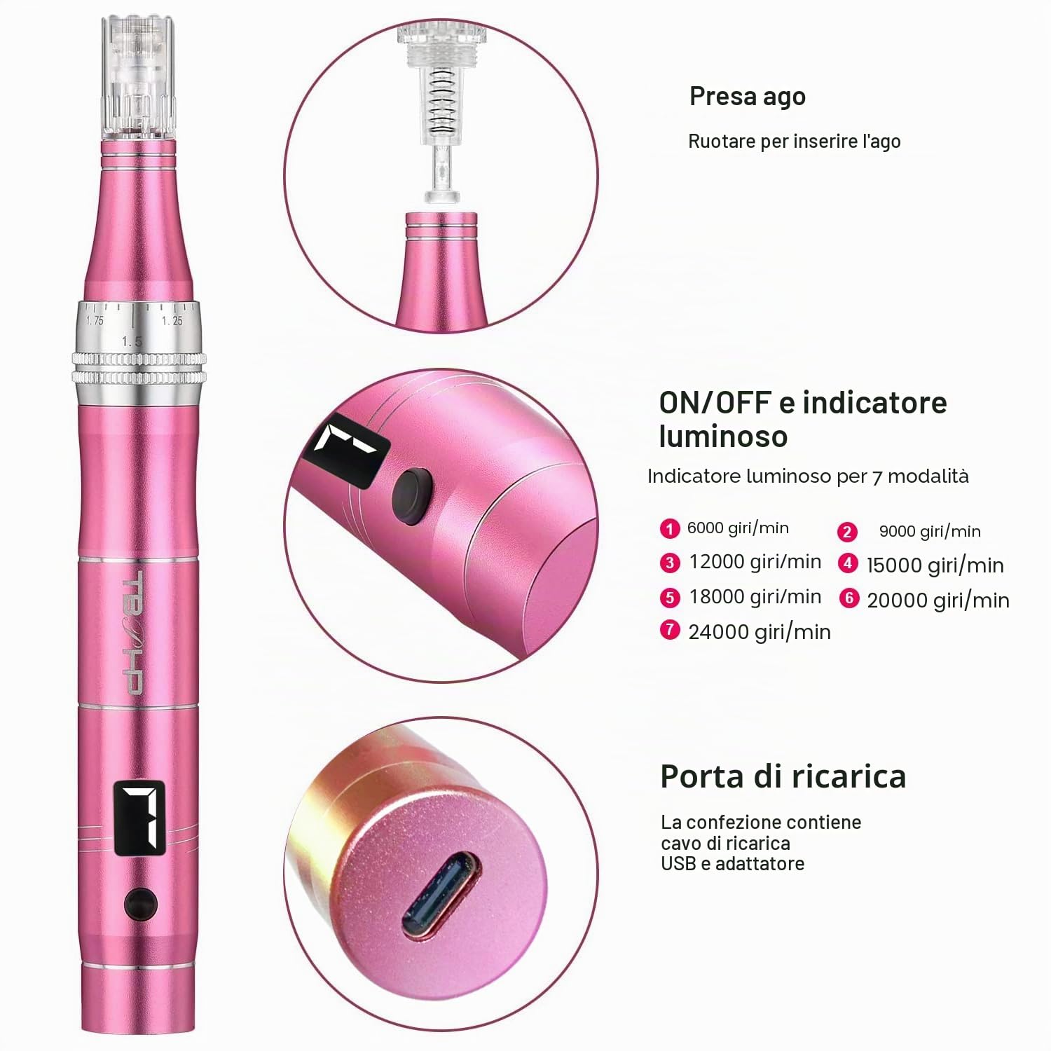 Derma Penna Elettrico a 7 marce wireless con Schermo LCD, 12 pezzi Cartucce (Rosa)