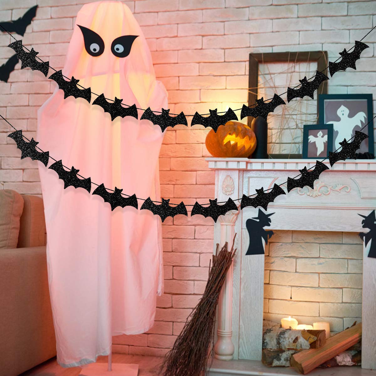Ghirlanda Di Pipistrelli Neri Glitterati Per Halloween, 2 Striscioni Da 16 Pipistrelli, Decorazioni Per Casa E Feste - 4