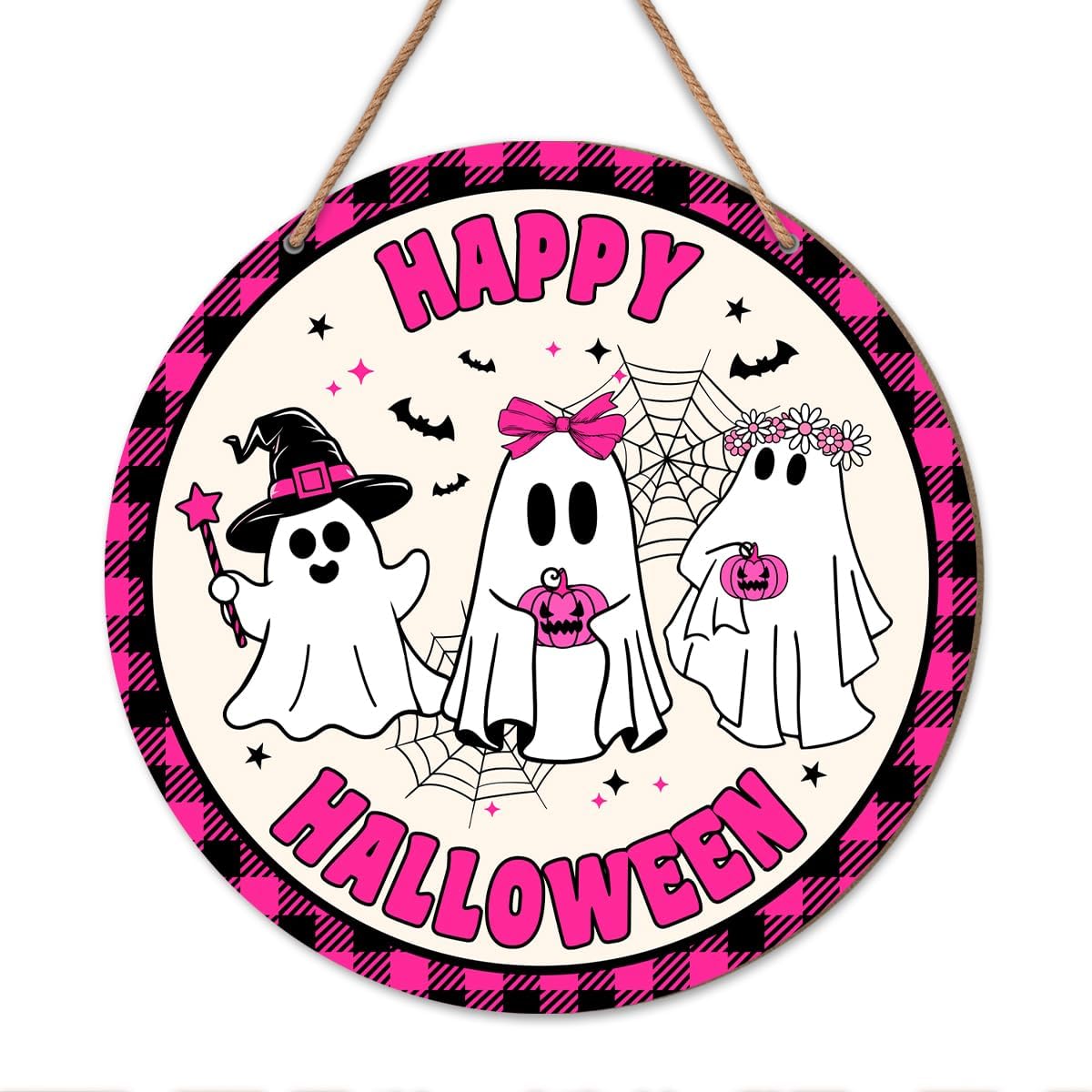 Pink Cute Ghost Happy Halloween Welcome Door Wooden Sign Decor, Halloween Wood Hanging Signs Party Decorations for Home Office Bathroom Yard Front Door