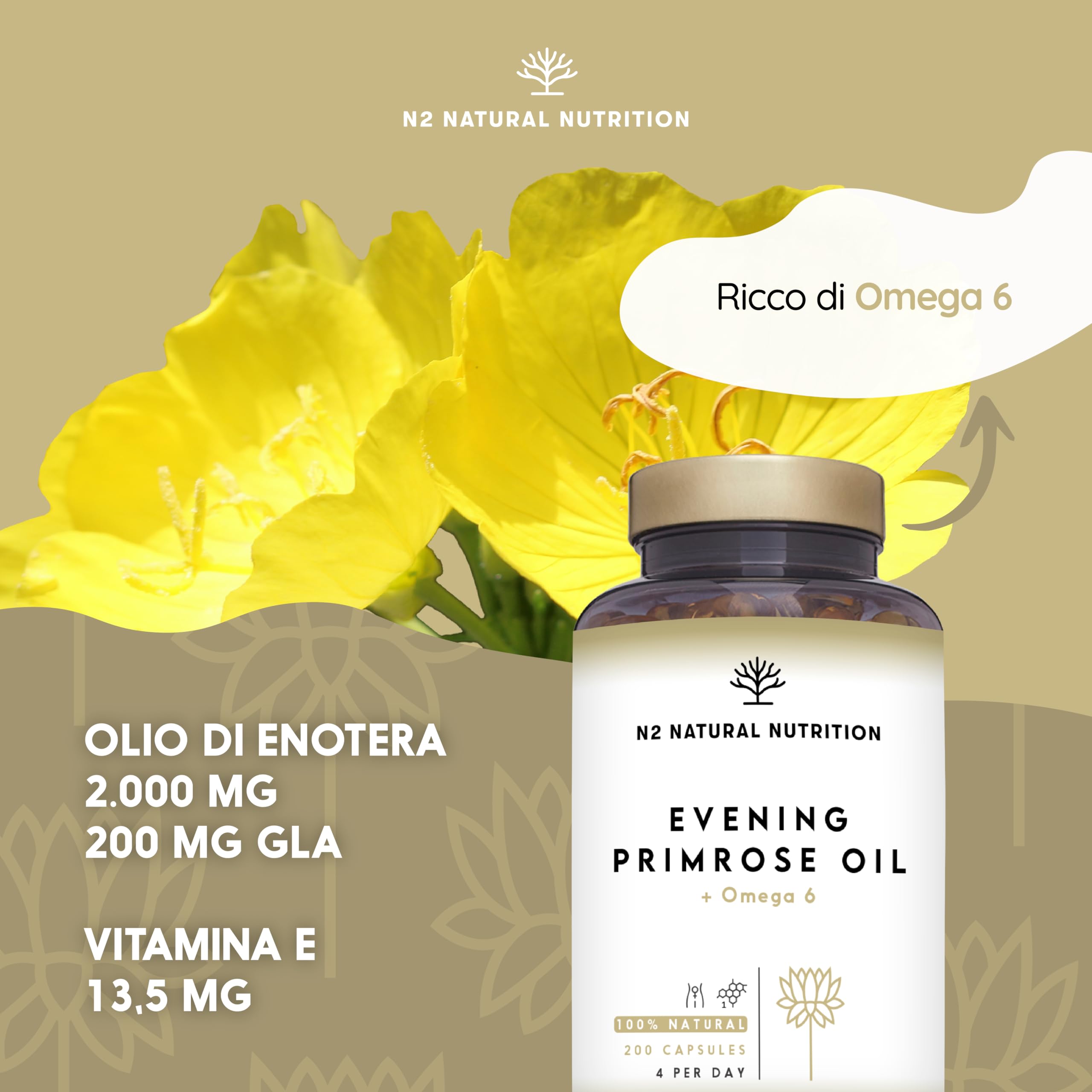 Olio di Enotera 200 Perle 2000 mg 10% GLA con Vitamina E e Omega 6. Equilibrio Ormonale. Integratore Menopausa e Sindrome Premenstruale. Antiossidante Per la Pelle, e Capelli. N2 Natural Nutrition