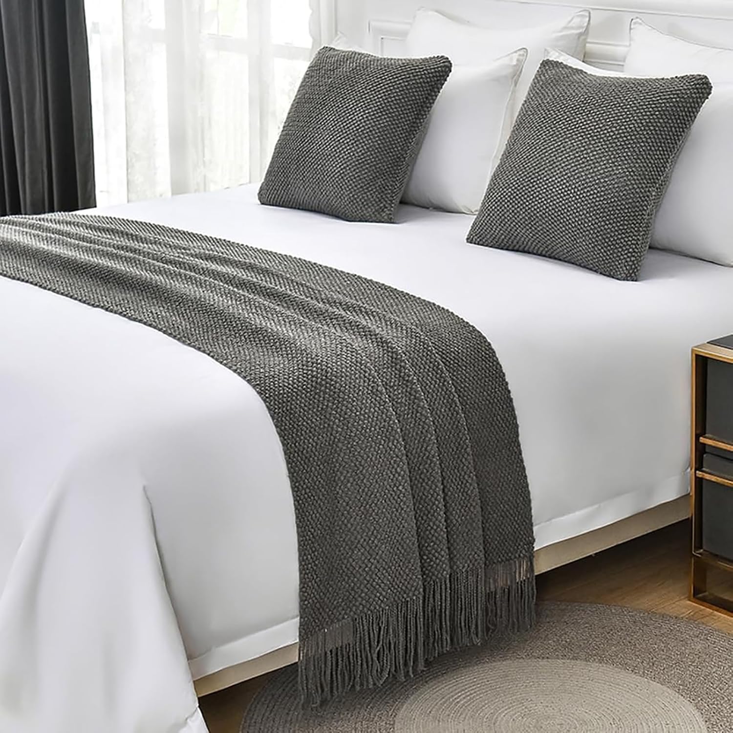 Hotel Bed Runners Scarf Woven Bed End Towel with Tassels Bedspreads Protection Bohemian Bedding Decorative Knitting Bed Throw Blanket for Twin Queen King Size (I,65X260cm (1.8m Bed))