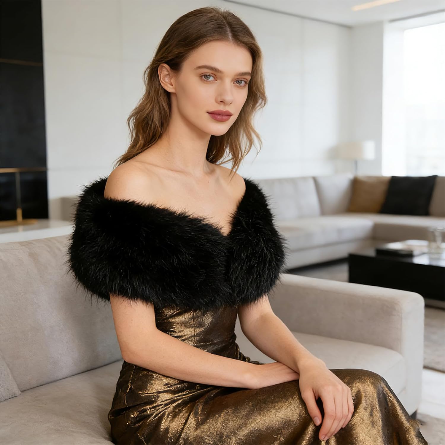 XEPST Faux Fur Shawl for Women, Women's Faux Fur Collar Scarf Wrap Winter Neck Warmer Fluffy Scarf - Image 4