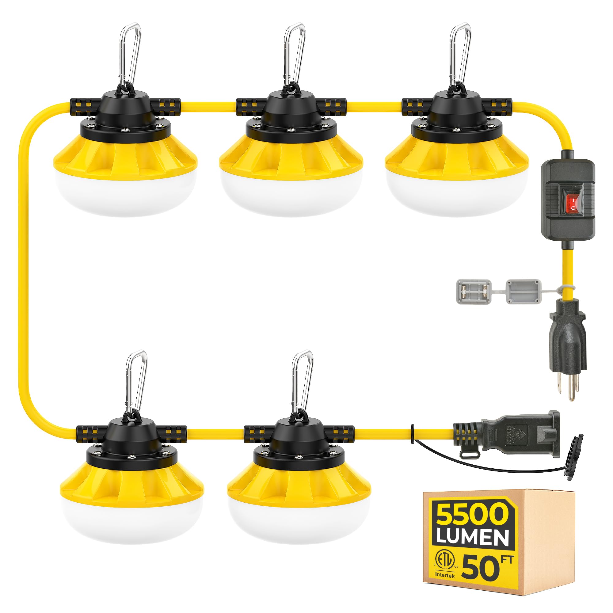 HYANGLUX 3 Prong Outdoor LED String Lights with Switch: 50FT 50W 5500lm ETL Certified Bright Temporary Lighting Hanging IP65 Waterproof Construction Work Light for Attic Jobsite Garage โ image 1