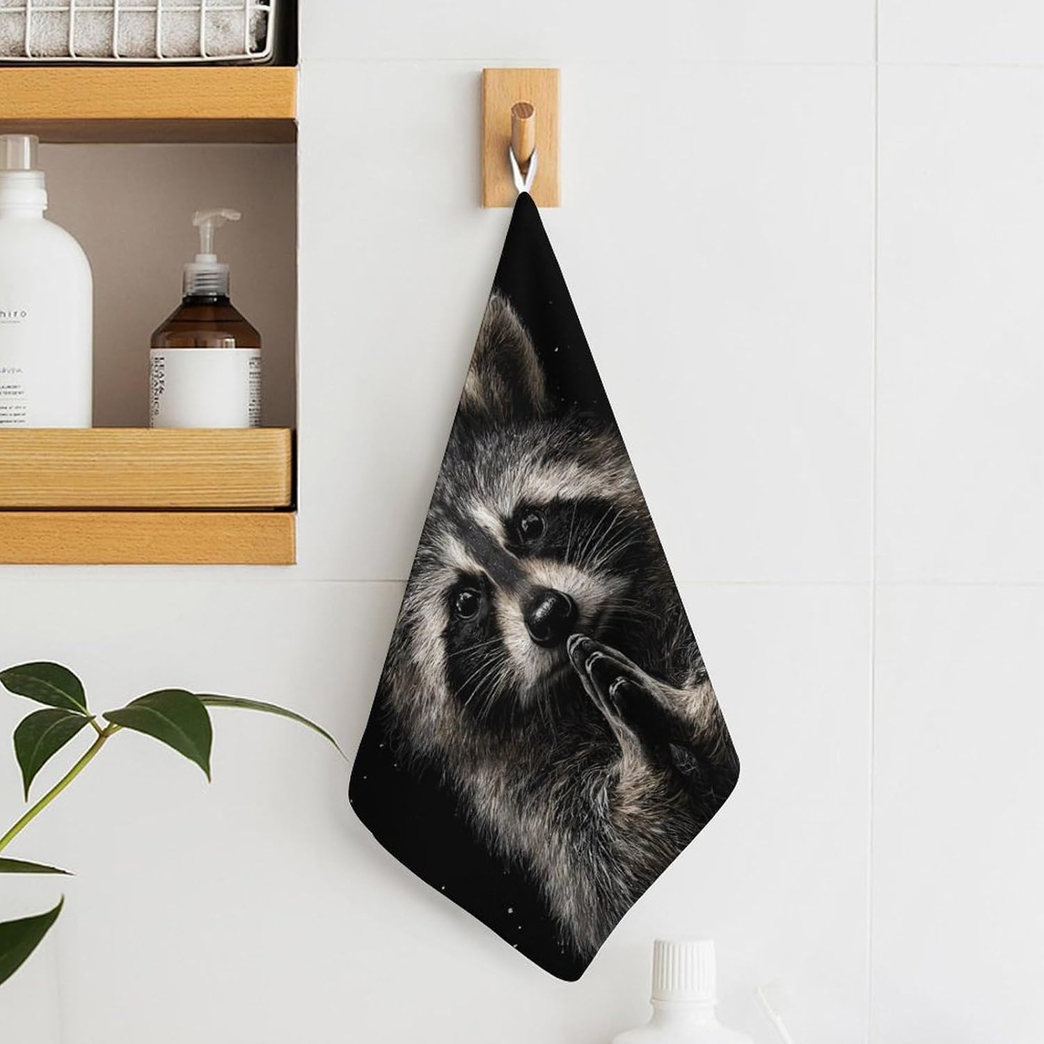 Raccoon Print Microfiber Hand Towels for Bathroom Soft Absorbent Bath Kitchen Towel with Hanging Loop 4PCS