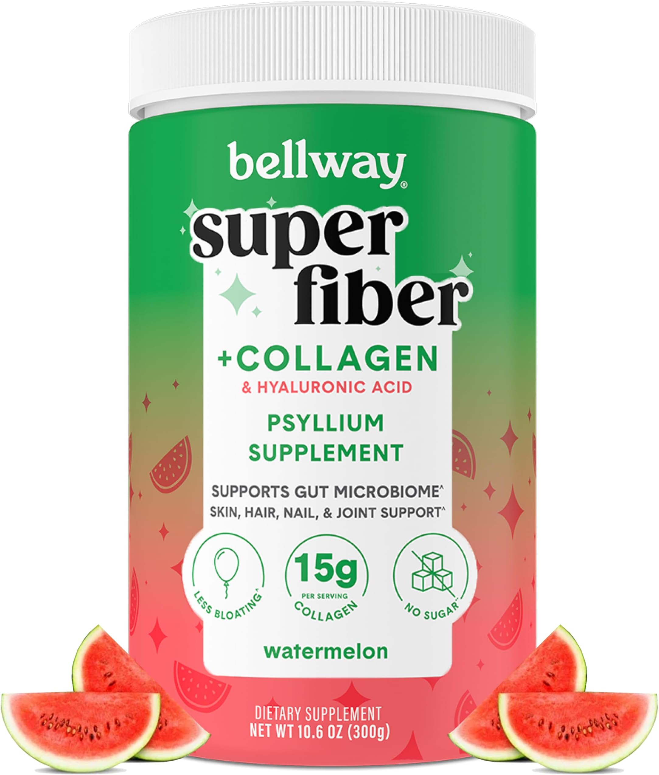 Bellway Super Fiber Powder + Collagen, Sugar-Free Psyllium Husk Powder with Collagen Peptides and Hyaluronic Acid for Gut Health, Healthy Skin, Nails, Bones & Joints, Watermelon (10.6 oz)