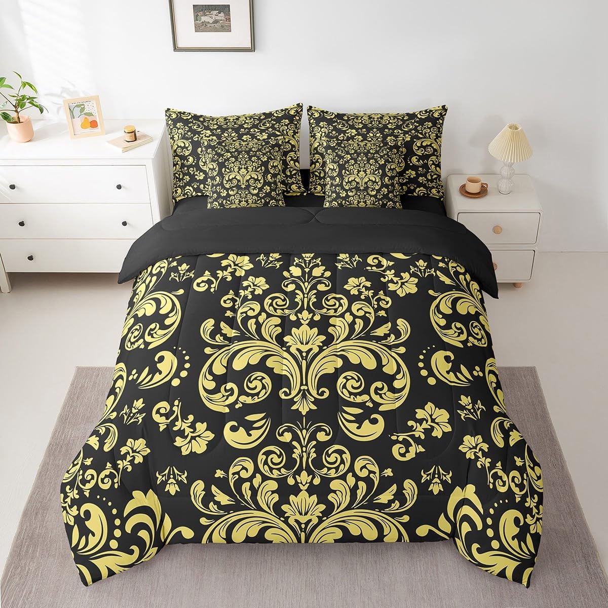 Erosebridal Black Gothic Bedding Set 7 Piece Gold Damask Floral Full Comforter Set with Sheets Bohemian Exotic Goth Flower Bed in A Bag for Kids Adults Vintage Victorian Baroque Boho Bed Set