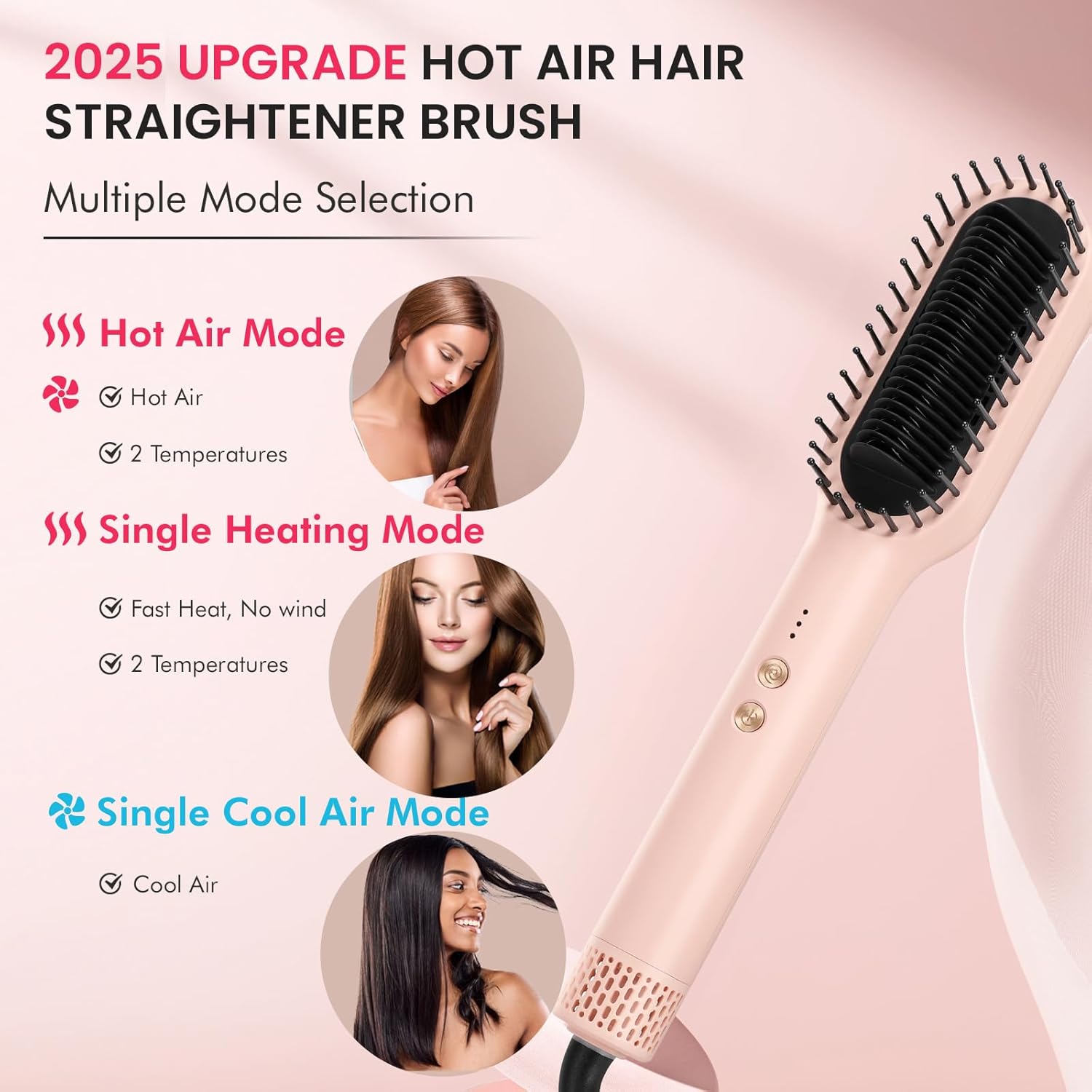 Hair Straightener Brush with Hot & Cool Air, AngKng Anti-Scald Heat Comb Straightener for Straightening Hair, 30s Fast Heating, Hot Air Straightening Brush for Women, Dual Voltage for Travel, Pink - Image 2