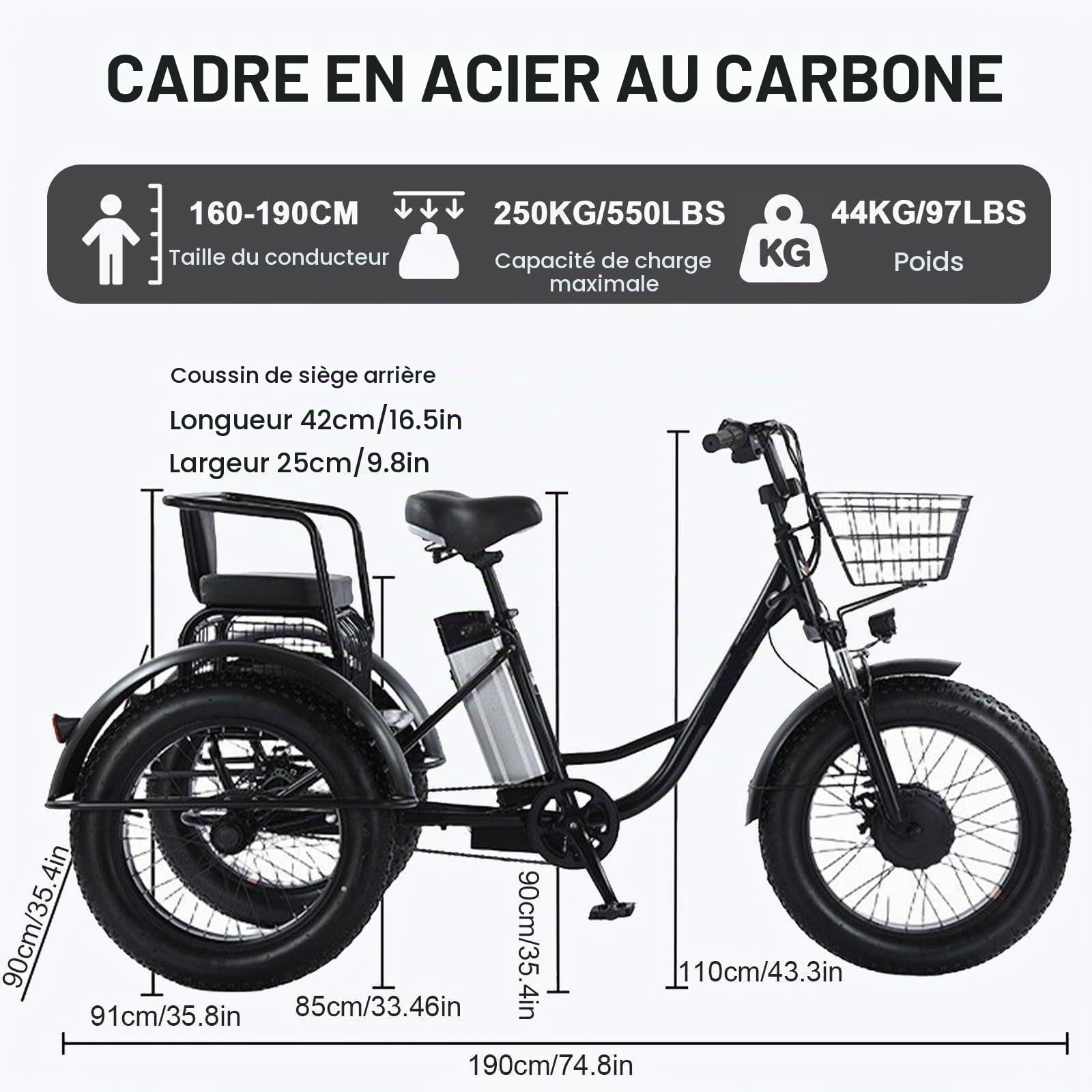 Tricycle électrique pour Adultes - Charge 200Kg, Vélo Cargo électrique à Pneus Larges 20'', Batterie Amovible 48 V/12 Ah - Autonomie 35 Km, pour Les Trajets Domicile-Travail