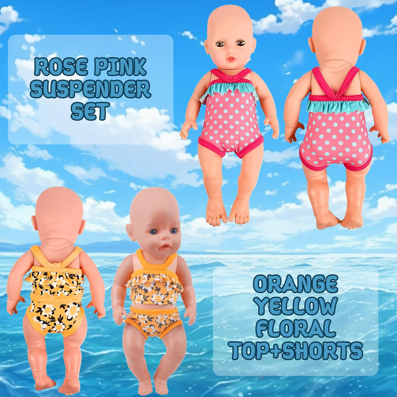 Set di Nuoto per Bambole 7 Pezzi,Estate Costume da Bagno per Bambole,Costume da Bagno per Bambole,Vestiti Bambole Reborn,Accessori per Bambole Reborn 35-45CM,Regalo per Ragazze