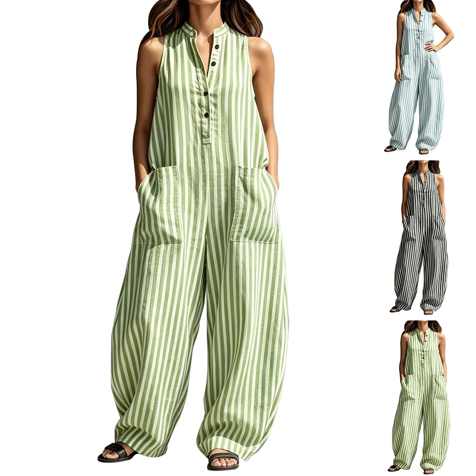 Generisch Tuta estiva da donna, lunga, a gamba larga, senza maniche, elegante | Tuta intera, oversize, a righe, con grandi tasche, scollo a V, con bottoni, casual, per tutti i giorni