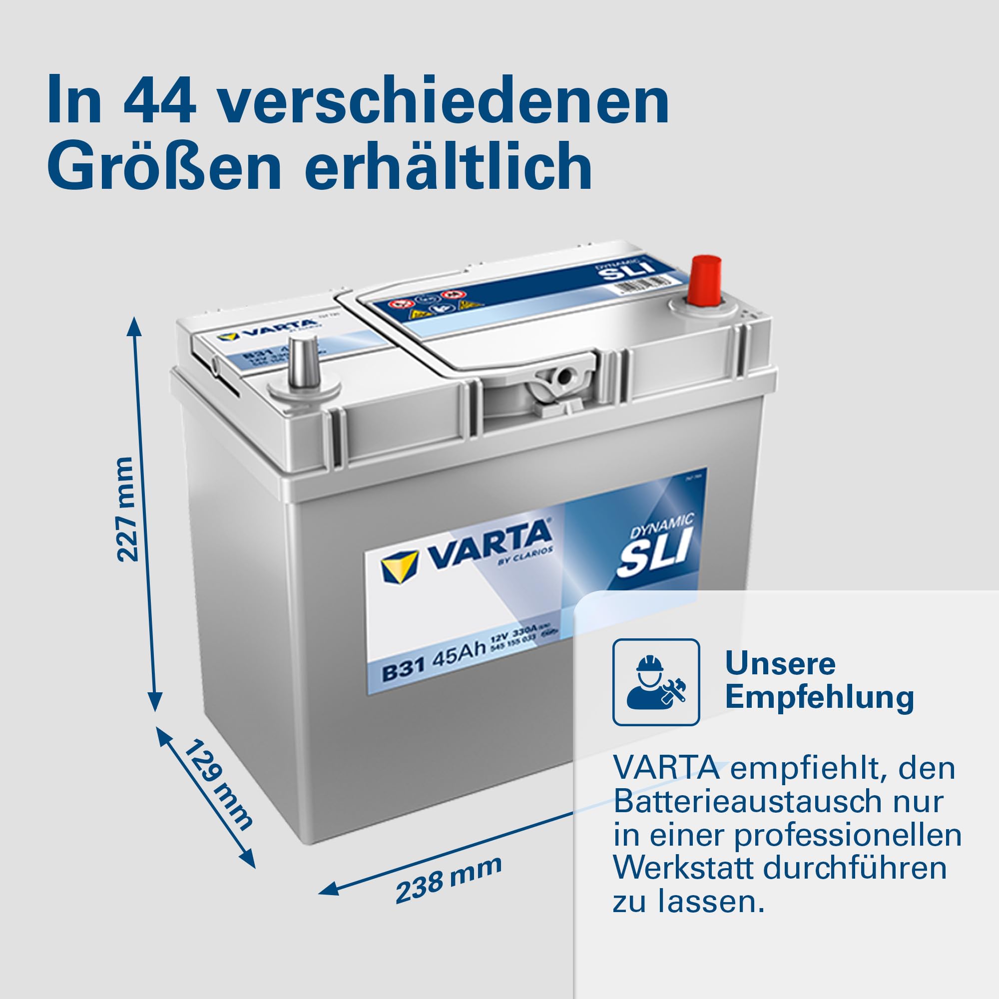 VARTA Automotive DYNAMIC SLI (B31) 12V 45Ah 330A - Nassbatterie KFZ mit Standardausstattung & ohne Start-Stopp System - Starterbatterie für einfachen Energiebedarf - Bleisäurebatterie wartungsfrei