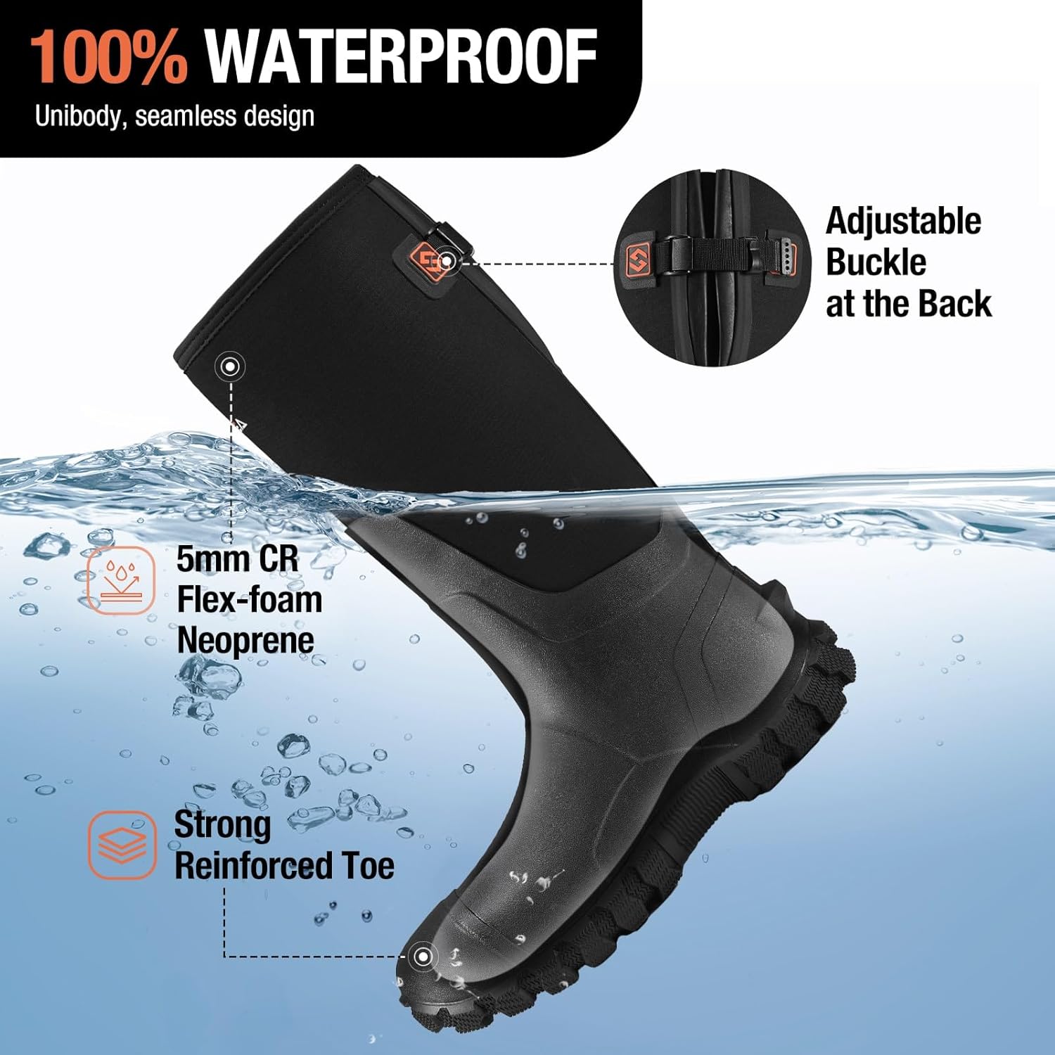 HISEA Upgraded Men's Rain Boots, Waterproof Insulated Neoprene Rubber Boots with Steel Shank, Durable Anti-Slip Outdoor Work Boots for Hunting Gardening Farming Fishing Mud Working, Adjustable Calf - Image 3