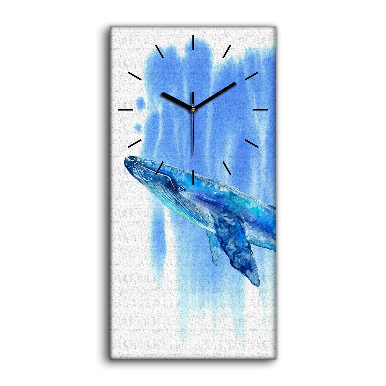 Horloge sur toile imprimée baleine bleue mains noires 30x60