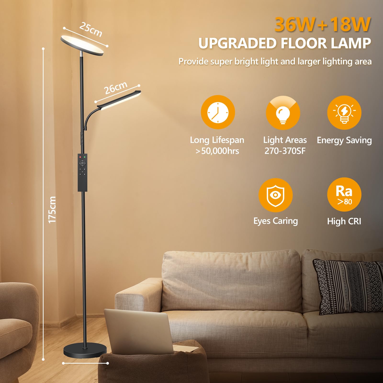 Lampa podłogowa LED 42 W, możliwość ściemniania, 4000 lm, super jasna, stojąca lampa podłogowa do salonu z czytnikiem lampy, 2700 K-6500K bezstopniowa ściemnialność, pilot zdalnego sterowania i