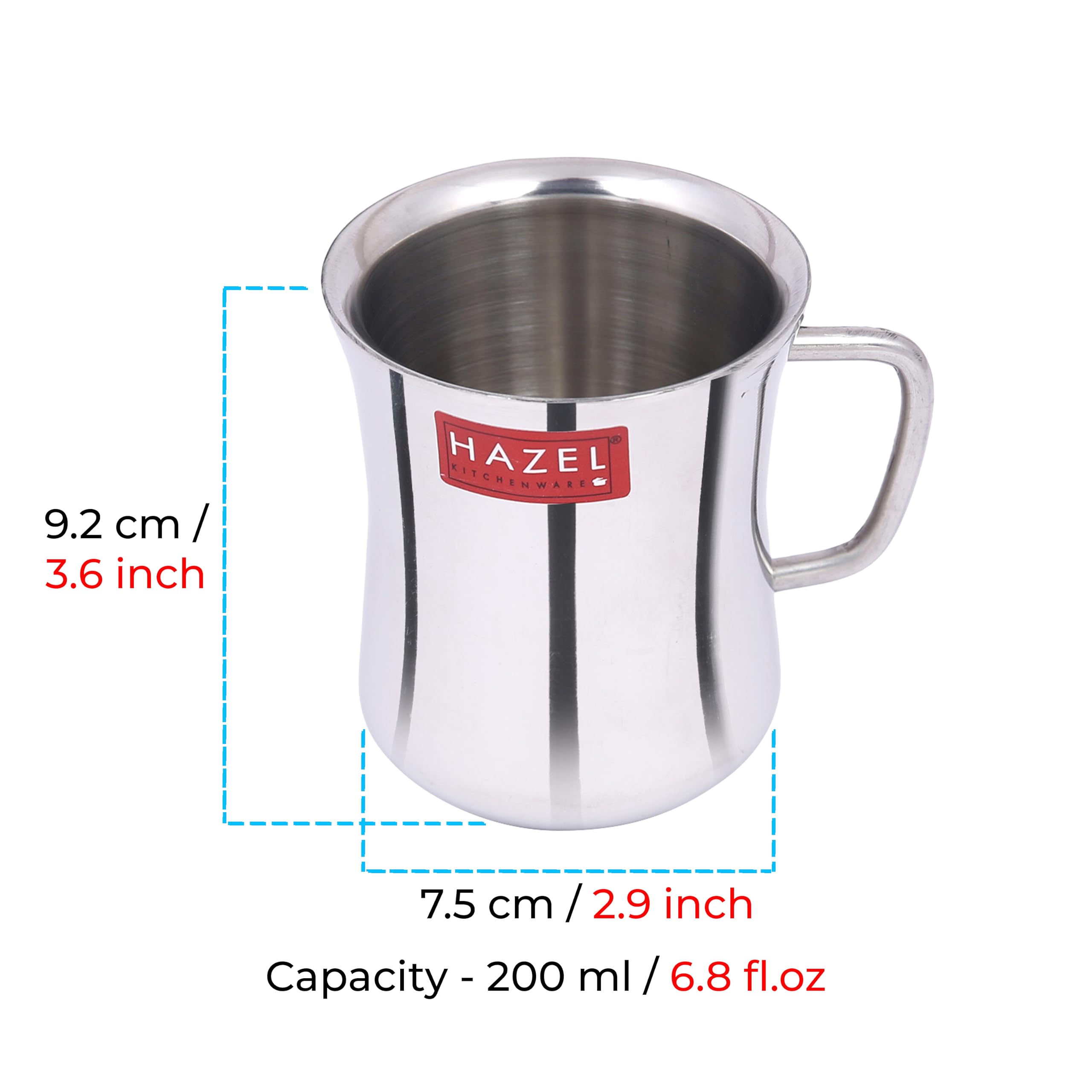 HAZEL Stainless Steel Green Tea Coffee Big Damaru Plain Mug, Set of 6, 200 ml (Each) 2