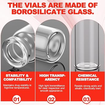 50 Pcs 10ml Sealed Sterile Empty Vials with Self Healing Injection Port Clear Glass Empty Vials with Plastic-aluminum Flip Cap Sterile Injection Vial for Flat Bottom Lab Vial (Red Lid)