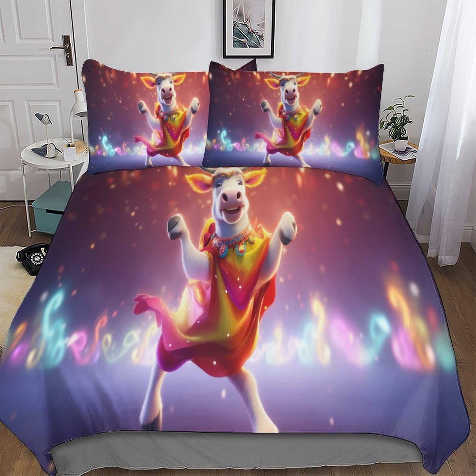 Housse de couette imprimé vache infroissable en microfibre King