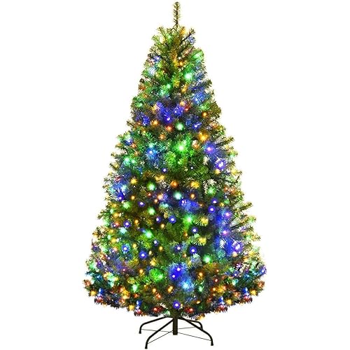 Goplus 5FT Pre-Lit Artificial Christmas Tree, Hinged Xmas Tree with 150 Dual-Colored LED Lights, 11 Flash Modes, 600 PVC Branch and Foldable Base, for Indoor Holiday Decor
