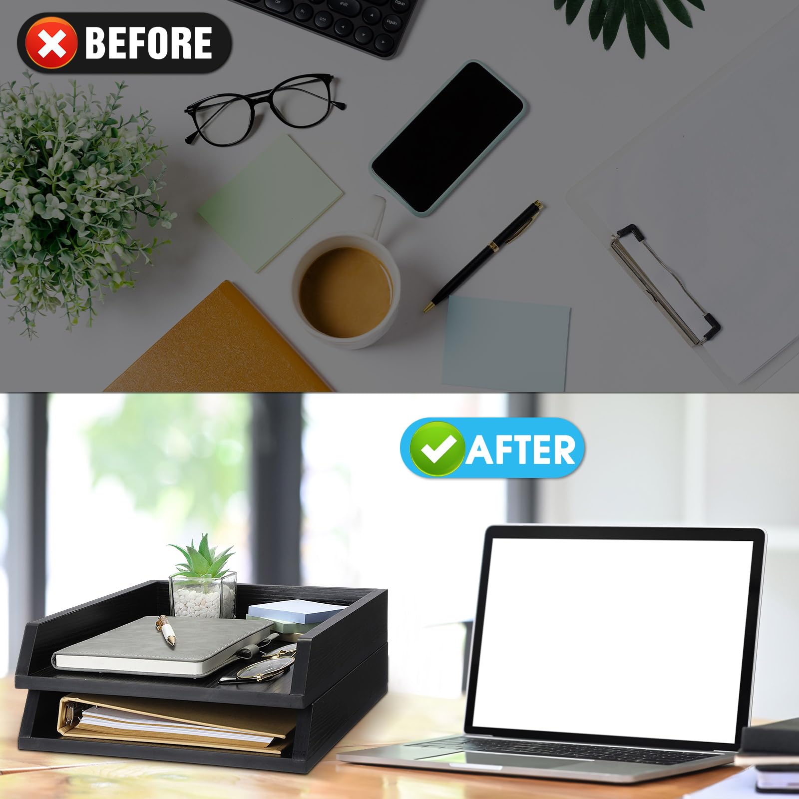 DoubleFill 2 bandejas de madera para cartas, organizador de papel de escritorio de 2 niveles, bandeja de documentos de escritorio de tamaño carta, resistente y apilable, para cajones de papel, carpeta