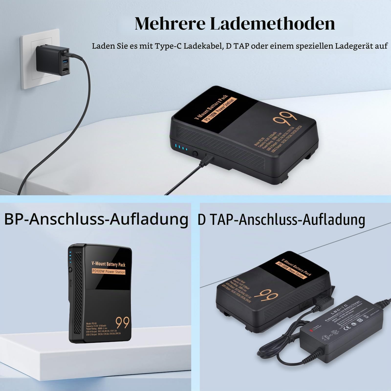 V Mount/V-Lock Akku 99Wh 6700mAh Mini V-Mount Batterie mit PD 100W USB-C Schnellladekabel und PD 65W Stecker für Camcorder, Kamera, Feldmonitor, Videolicht