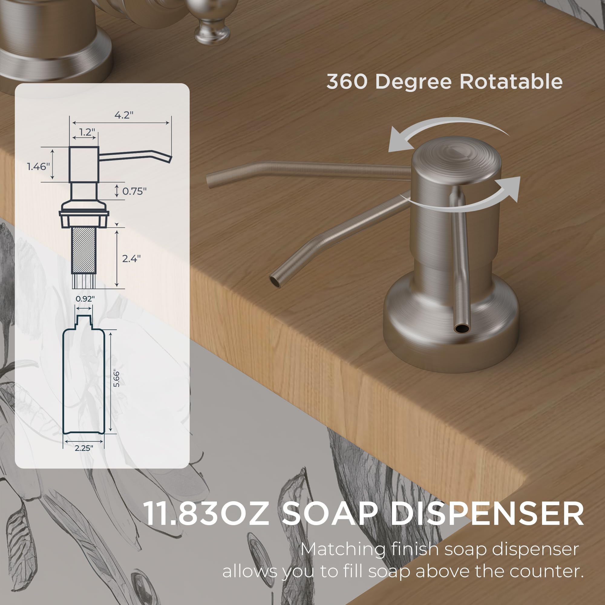 Grifo de cocina vintage con dispensador de jabón y rociador extraíble, grifo clásico de acero inoxidable de arco alto con manija única, acabado níquel cepillado, ideal para casas de campo, caravana