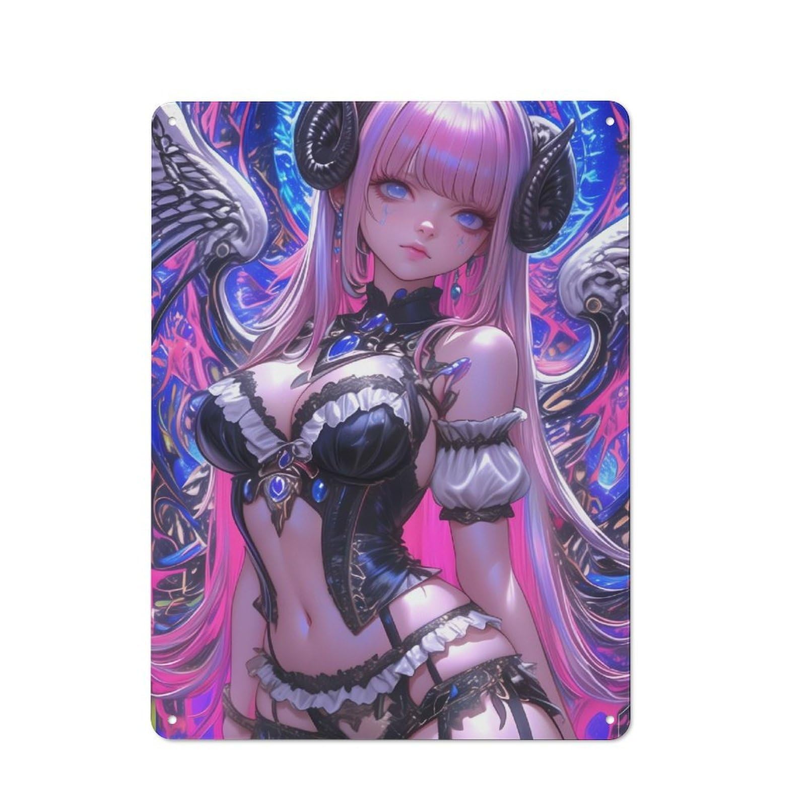 Junmoney Girls Style-6 Angel Demon Anime Tin Wall Plaque 40X30cm, Rustic Cottage Wall Art For Dining Room, Cafe, Entryway Or Family Room