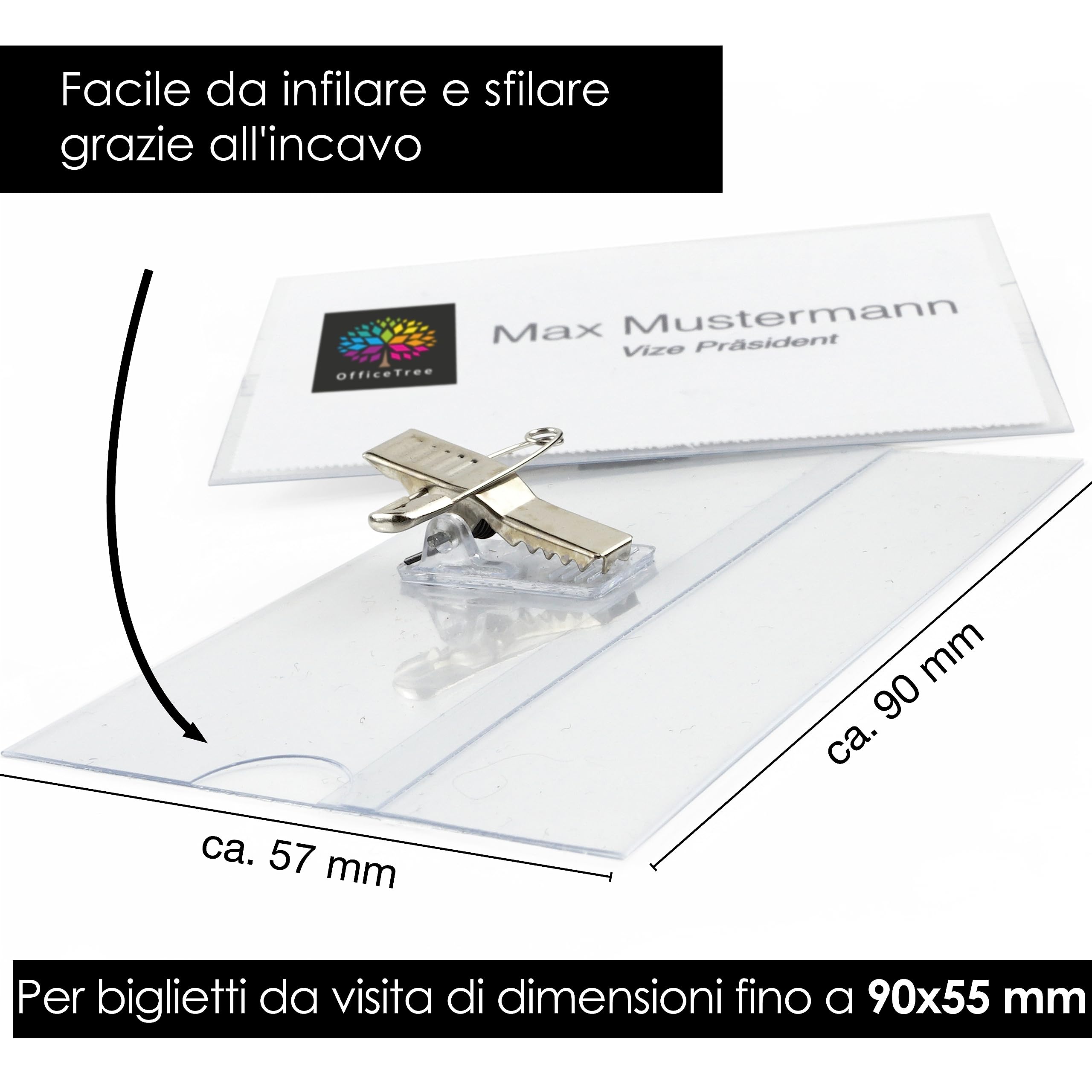 OfficeTree Badge Portanome con Clip e Spilla Integrate - 50 Biglietti da Stampare - Porta Badge Trasparente