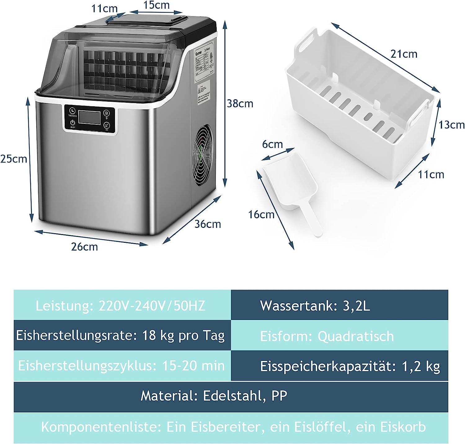 GOPLUS Eiswürfelmaschine, 18 kg/24 Std. Eiswürfelbereiter, Ice Cube Maker mit 3,2 L Wassertank & 1,2 kg Eiskorb & Eiswürfelschaufel, 24 Eiswürfel in 15-20 Minuten, Für Haus Büro Party