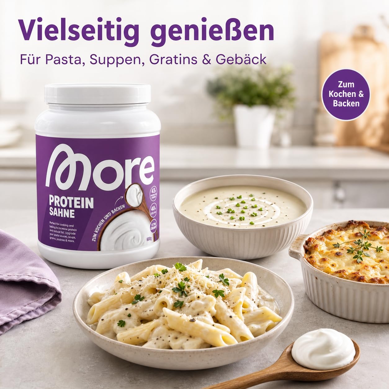 MORE Protein Sahne, 600 g – Proteinpulver mit Whey & Casein zum Kochen und Backen+Heartglobal Versandschutz