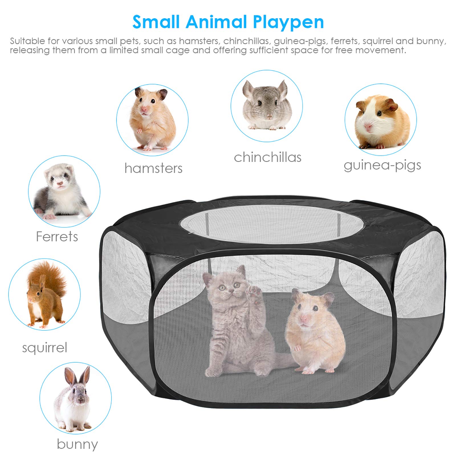 Parco per animali pieghevole, parco per cuccioli, parco recinto per cani interni esterni, tenda per animali domestici, impermeabile e traspirante, per gatti, conigli, criceti, cincillà riccio (nero)