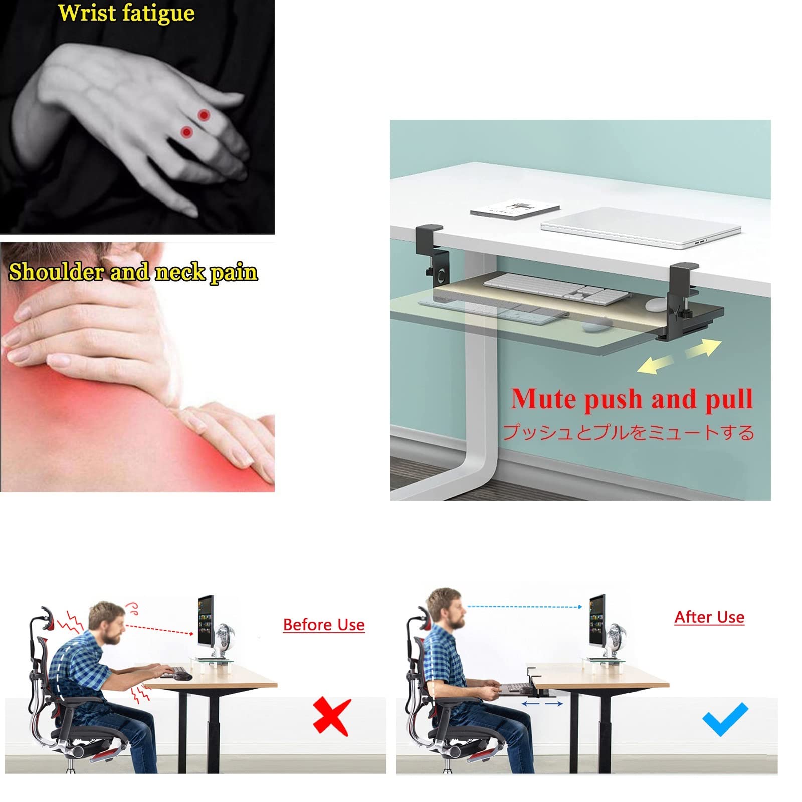 Bandeja deslizante para teclado, estante de madera para teclado con abrazadera, soporte extraíble debajo del escritorio, solución de almacenamiento adicional para oficina en casa, diseño para escribir