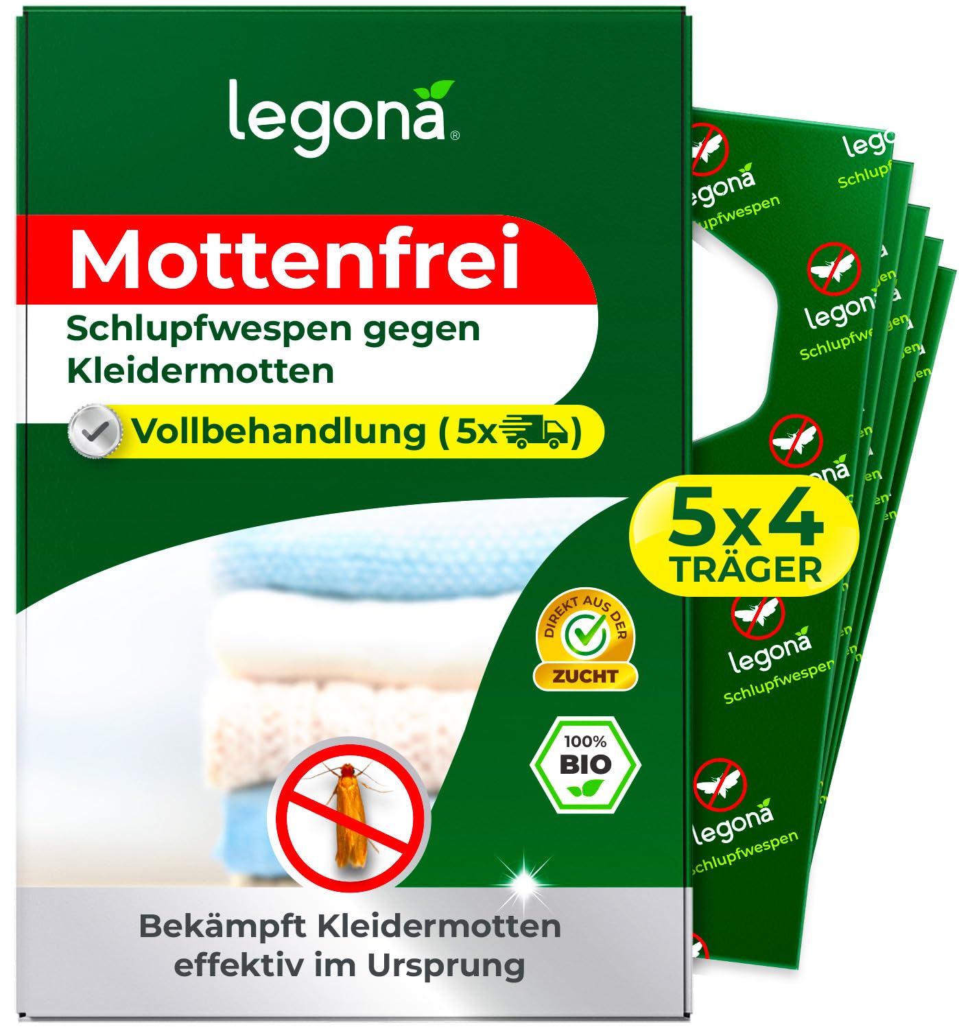 Legona® Schlupfwespen gegen Kleidermotten | 4 Träger à 5 Lieferungen | Effektiv Kleider Motten bekämpfen | Alternativer Mottenschutz für Kleiderschrank, Mottenfalle Kleidermotten, Mottenspray