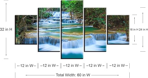Miniatura 1 de SZ - Lienzo decorativo para pared en cascada para sala de estar, 5 piezas de impresiones de estanque relajante en bosque tropical (montaje con