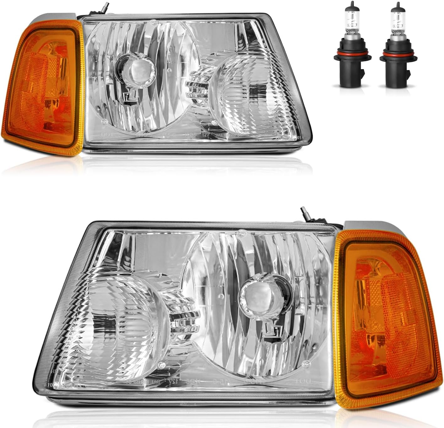 Headlights Assembly for 2001-2011 Ford Ranger Halogen Headlamp Replacement, High/Low Beam W/Bulbs, Driver & Passenger Side