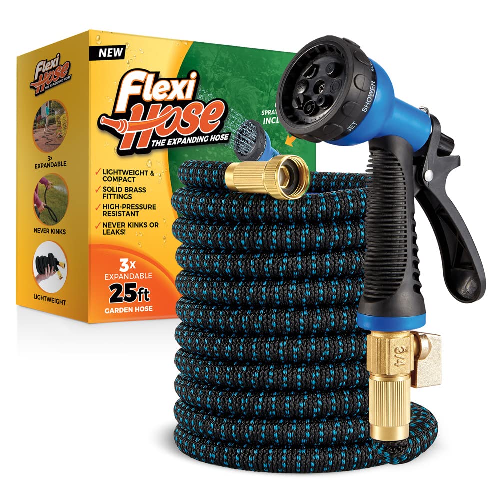 Photo 1 of Flexi Hose Expandable Garden Hose with 8 Function Nozzle, 25FT - Lightweight Retractable Garden Hose, Water Hose - No-Kink Flexibility, 3/4 Inch Solid Brass Fittings and Double Latex Core