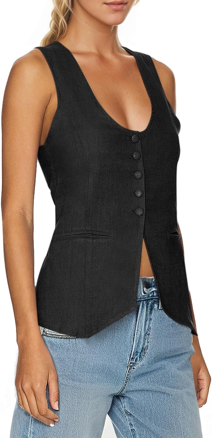 Tankaneo Womens Scoop Neck Blazer Vest Summer Linen Sleeveless Fitted Waistcoat Work Casual Cotton Suit Tops - Image 2