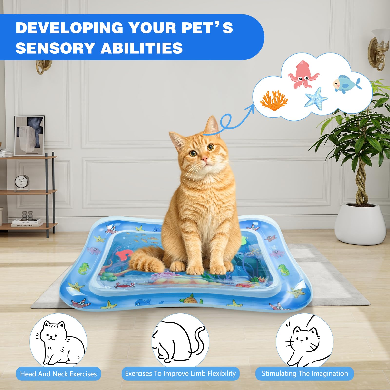 Tapis Eau Chat Tapis Jeu Chats Gonflable sur Le Thème de L'océan Été Tapi d'eau Sensoriel Interactif Anti-Rayures pour Chaton Chiens Animaux Intérieur et Extérieur