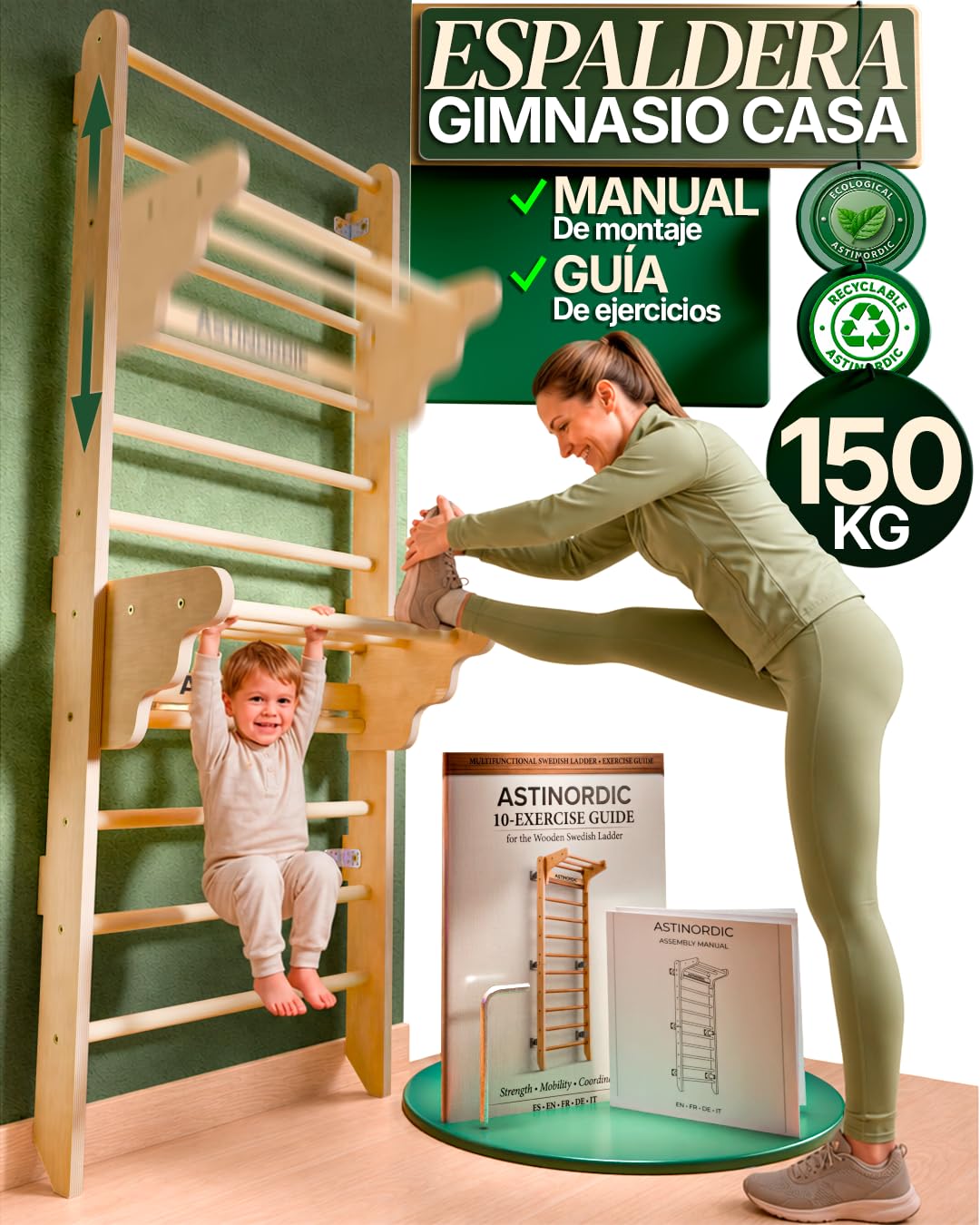 Espaldera Gimnasio Casa con Barra de Dominadas | Escalera Sueca Madera | Soporta hasta 150 kg | Montaje Fácil, Todo Incluido